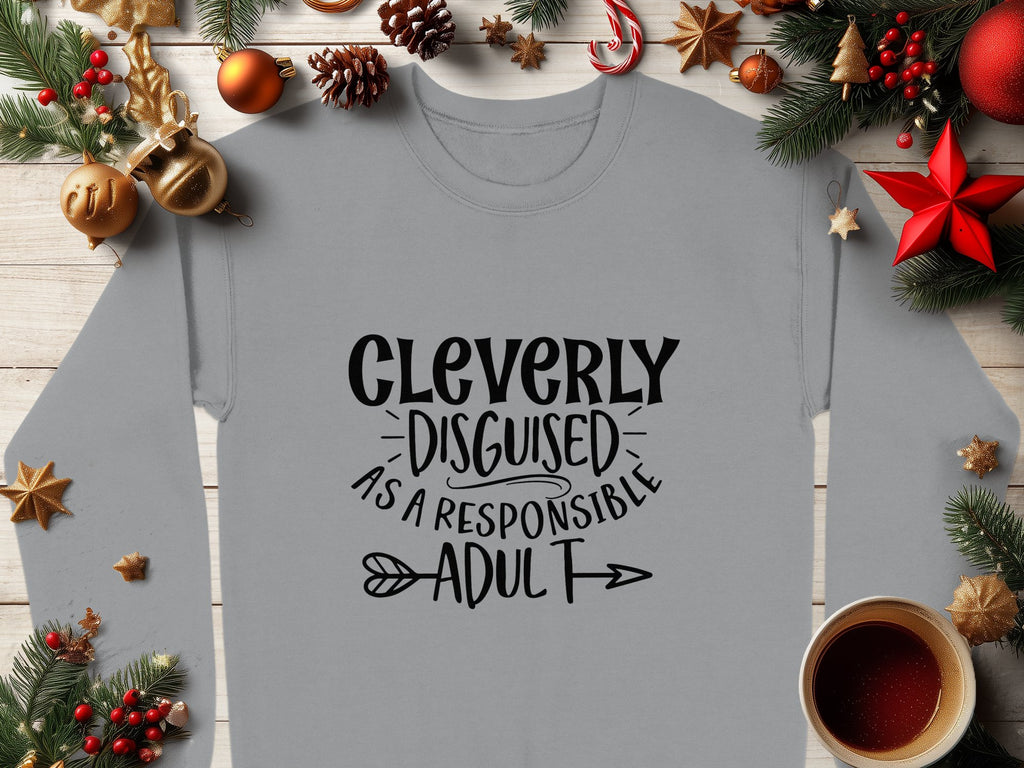 A Garment Graphics light gray sweatshirt with Cleverly Disguised as a Responsible Adult is displayed on wood, surrounded by pine branches, pine cones, ornaments, and tea. This humorous unisex piece brings wit to any wardrobe.