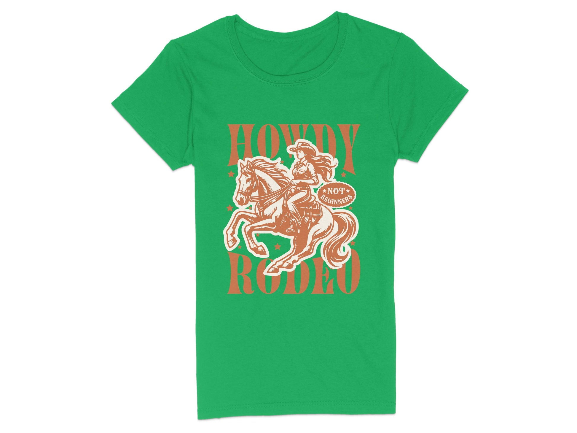 The green womens T-shirt by Garment Graphics features a graphic of a cowboy on horseback with a lasso, and Howdy Rodeo boldly printed above and below the image.