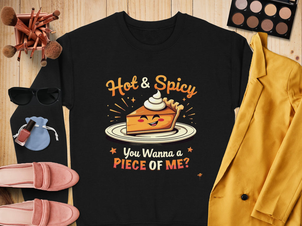 A Garment Graphics black pie graphic sweatshirt featuring a cartoon pie slice and the phrases Hot & Spicy and You Wanna a Piece of Me? is styled with sunglasses, makeup brushes, a blue drawstring bag, a pink purse with matching shoes, and a yellow blazer on wooden surface.