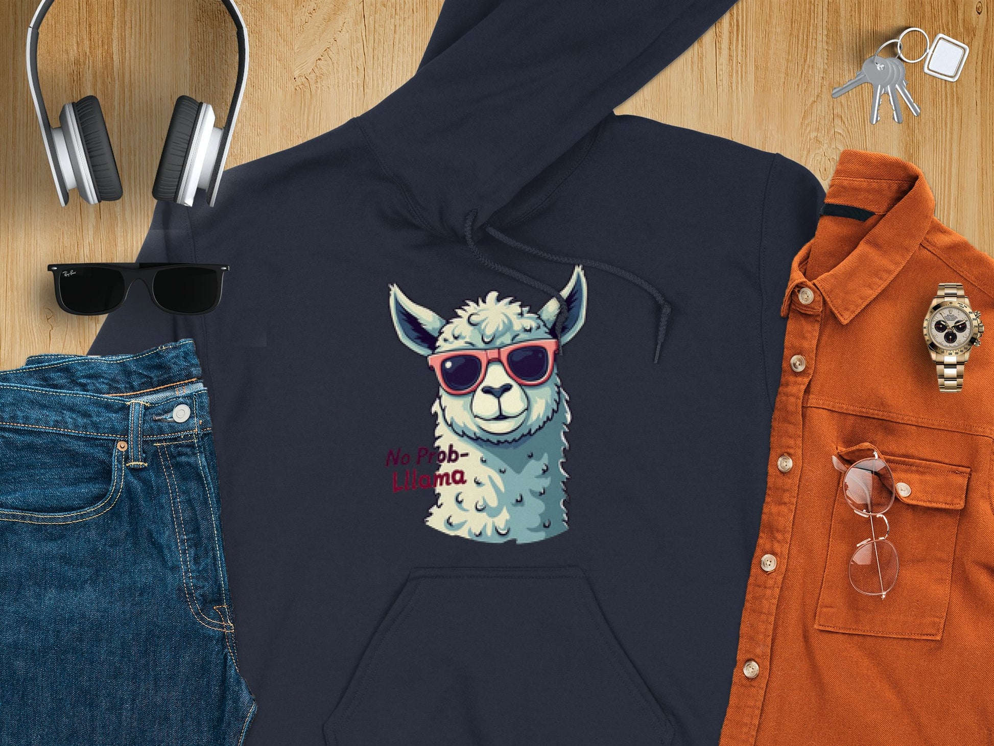 A Garment Graphics black unisex hoodie featuring a cartoon llama with sunglasses and No Prob-Llama text is laid out on wood, surrounded by jeans, an orange shirt, sunglasses, headphones, a watch, and keys.