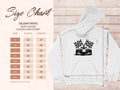 A size chart for the Garment Graphics 18500 heavy blend hoodie accompanies a chic white sweatshirt with a black race car and checkered flags. Ideal for motorsport fans, the chart shows sizes S to 5XL with width and length measurements in inches.