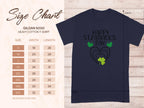 A size chart for the Garment Graphics Gildan 5000 heavy cotton graphic T-shirt shows dimensions in inches for sizes S to 5XL. Next to it is a festive dark tee with Happy St. Patricks Day and three clovers on the front.