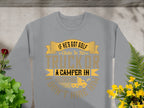 Garment Graphics gray t-shirt features the humorous text, If hes got golf clubs in his truck or a camper in his driveway, I dont hire him, in yellow and brown, surrounded by red and yellow flowers, adding a playful touch to your casual wear.