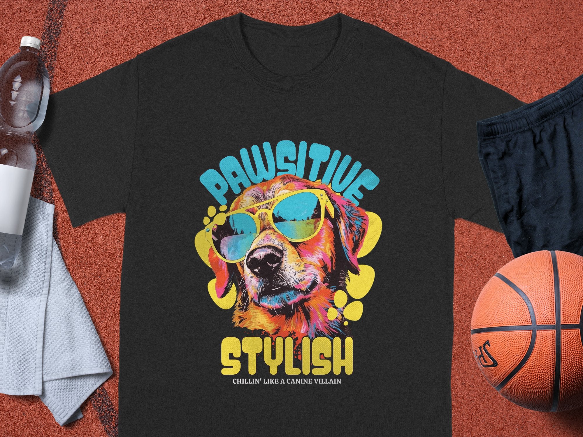 A Garment Graphics black Dog T-Shirt features a vibrant graphic of a dog in sunglasses with Paw-sitive Stylish and Chillin Like A Canine Villain phrases. It lies on a textured red surface alongside a basketball, black shorts, towel, and water bottle.