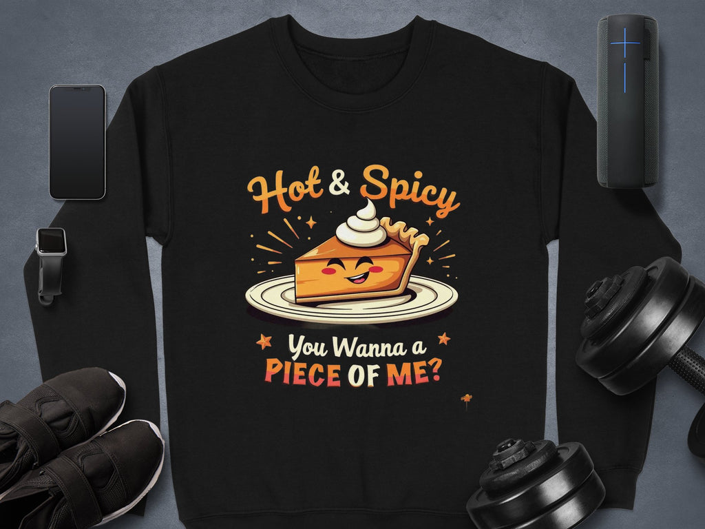 A Garment Graphics black sweatshirt features a playful pie character with sunglasses and whipped cream, reading Hot & Spicy. You Wanna a Piece Of Me? Its unisex and surrounded by a smartphone, smartwatch, sneakers, speaker, and dumbbells.