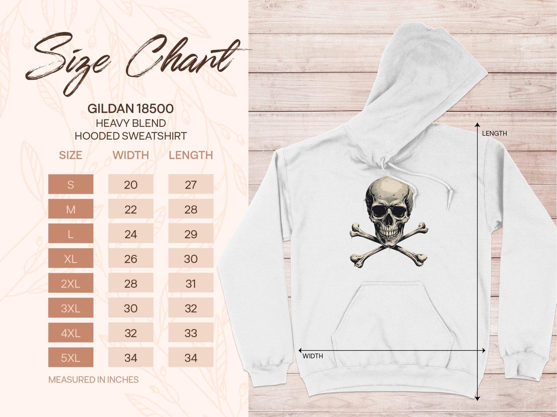 An image showcases a stylish size chart for Garment Graphics Gildan 18500 heavy blend hooded sweatshirt, covering sizes S to 5XL with dimensions. Beside it, a sleek white hoodie with a skull and crossbones design is displayed with detailed dimension lines.