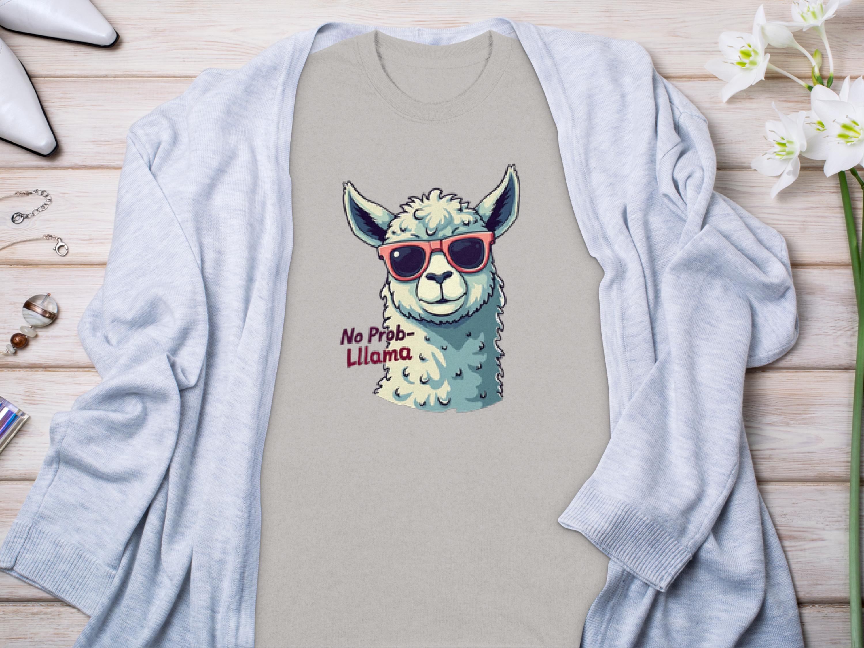 A Garment Graphics beige Llama T-shirt, ideal for families, showcases a whimsical llama with red sunglasses and No Prob-Llama text. Its styled flat on a light gray cardigan with jewelry and white flowers.