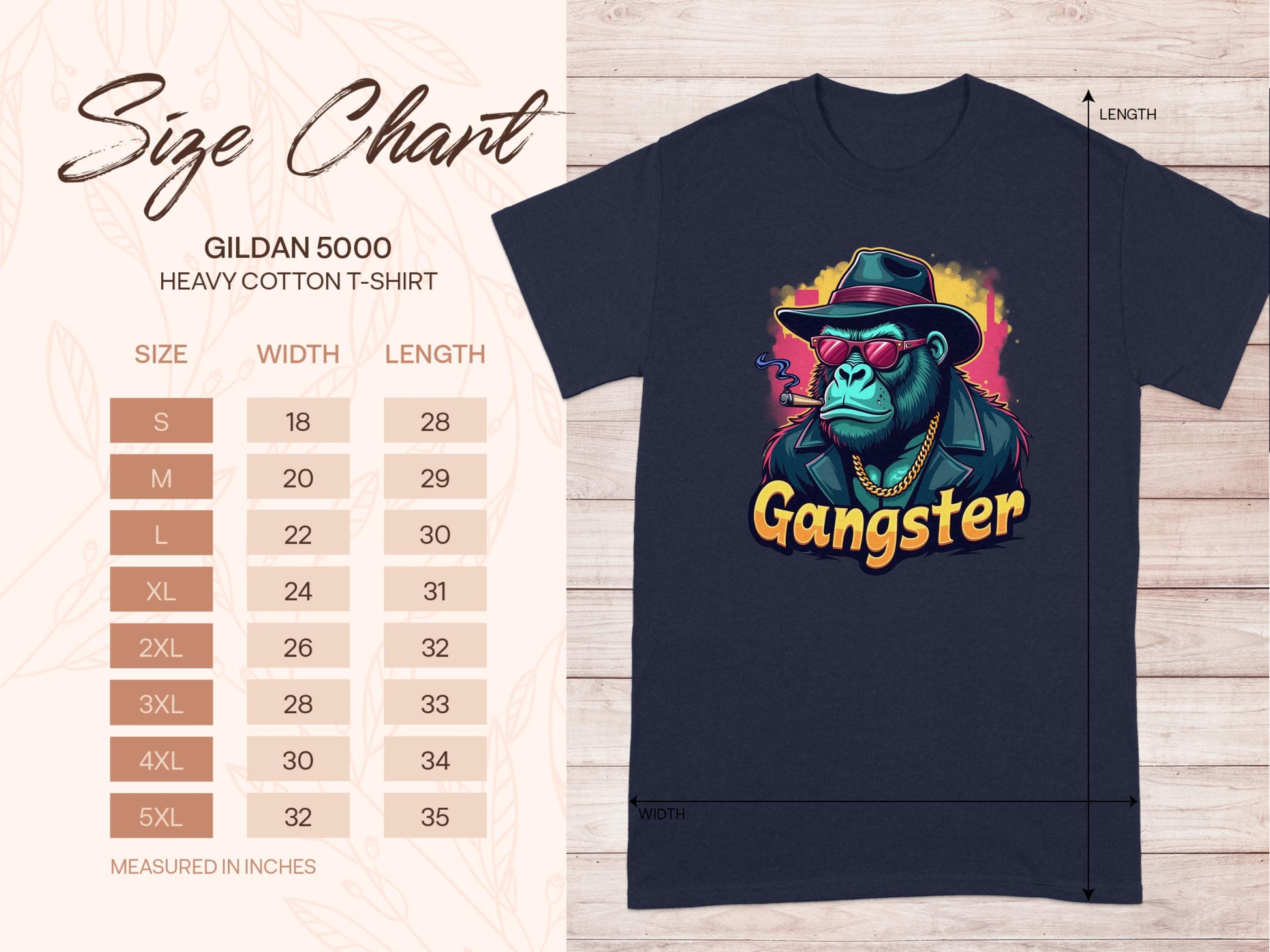 The size chart for the classic fit Garment Graphics 5000 T-shirt is on the left, beside an image of a dark Gangster Gorilla T-Shirt. This urban style features an ape graphic with sunglasses and a hat labeled Gangster. Sizes range from S to 5XL, with width and length provided in inches.