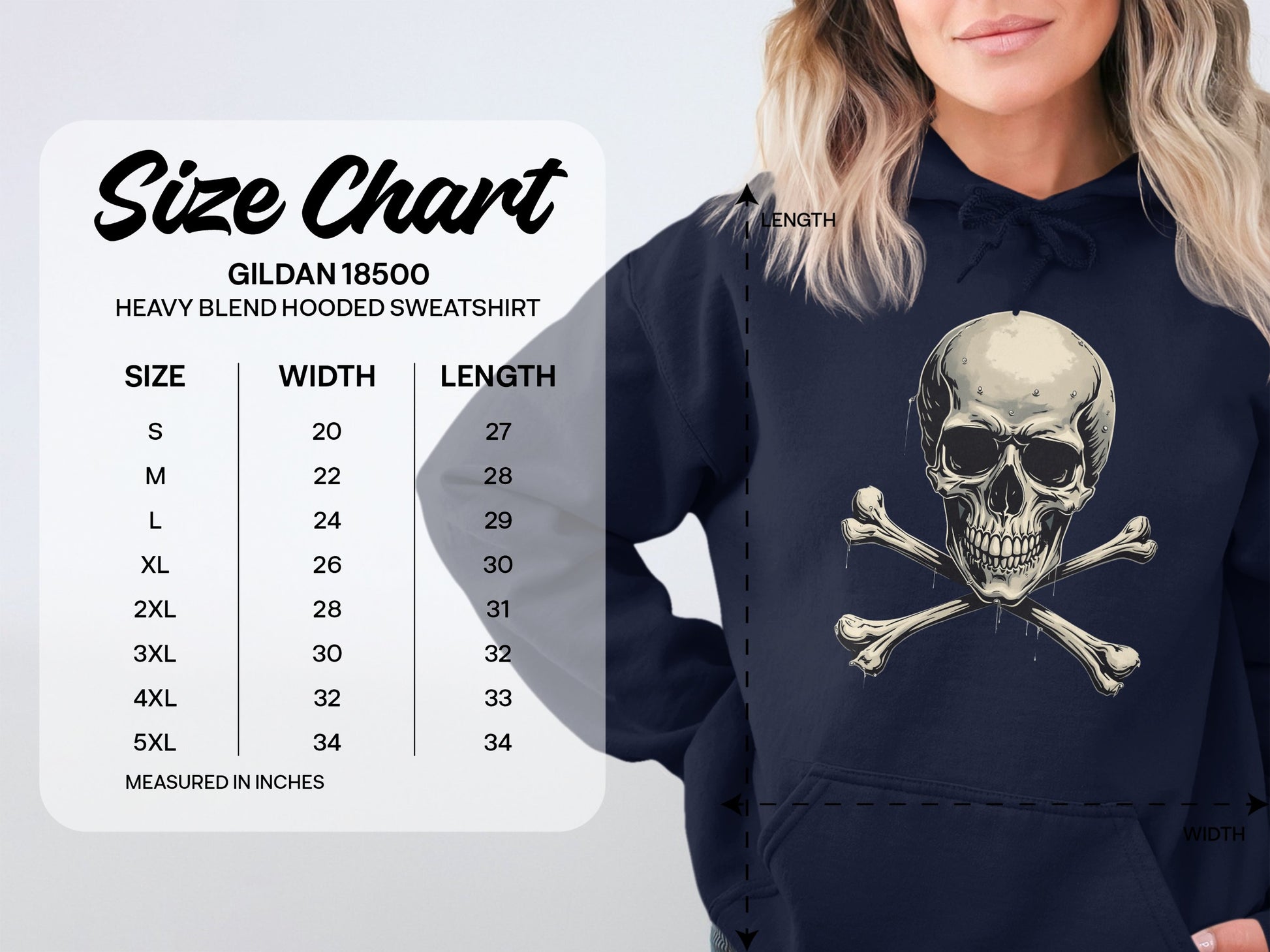 A smiling person wears a navy Garment Graphics hoodie featuring a skull and crossbones design, capturing the edgy streetwear vibe. To the left, a size chart for the Gildan 18500 heavy blend comfort hoodie shows sizes S to 5XL with width and length in inches.