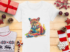 A white Garment Graphics T-shirt with a colorful puma design sits on a wooden surface, surrounded by wrapped gifts, pinecones, a candy cane, a folded sweater, and festive decorations like snowflakes and stars.