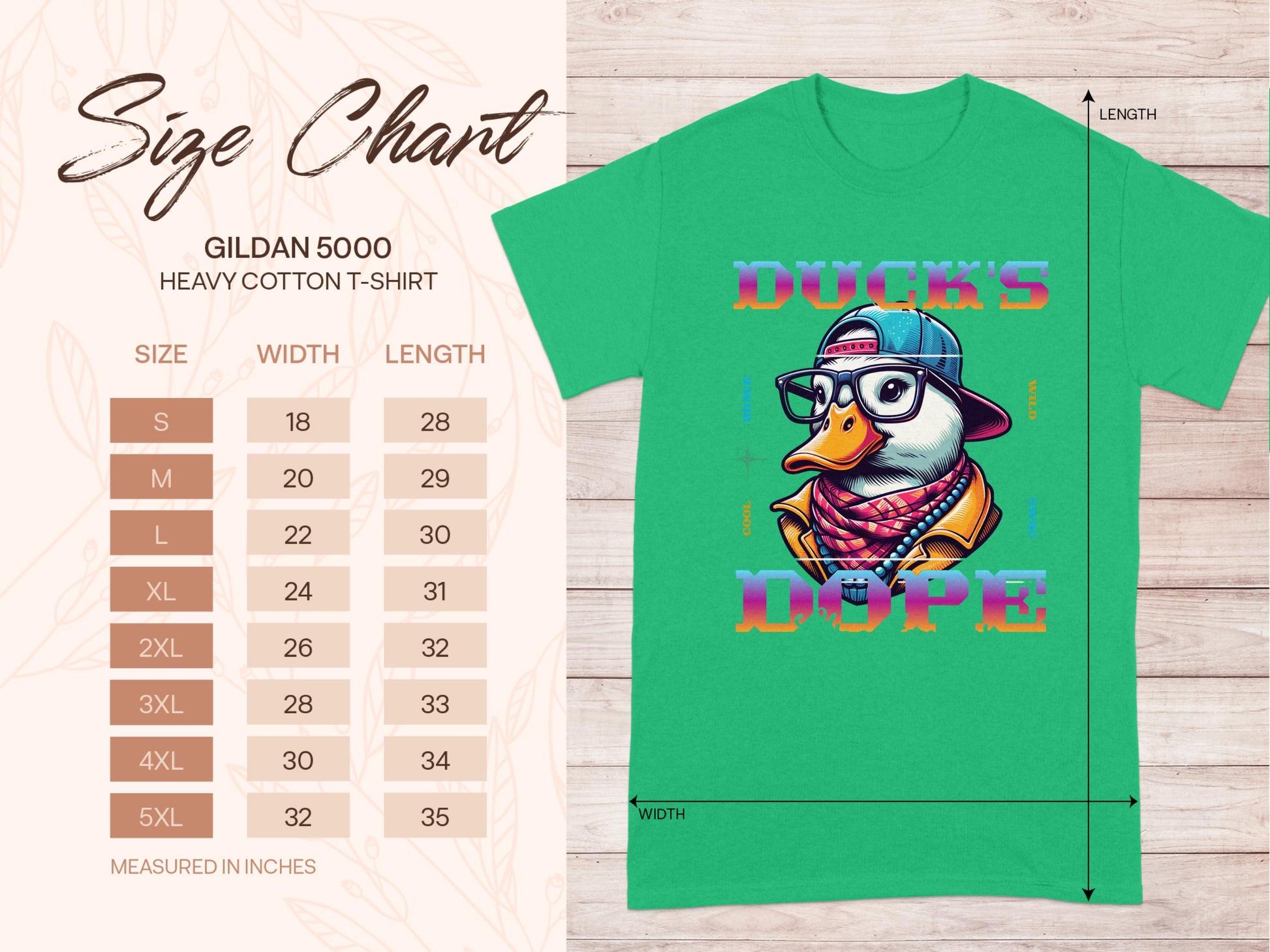 Garment Graphics presents the Ducks Dope T-Shirt, crafted from quality Gildan 5000 heavy cotton. This green tee featuring a duck in a cap, glasses, and scarf with DUCKS DOPE text is stylishly vibrant. Available in sizes S to 5XL with measurements in inches—ideal for those with unique style!.