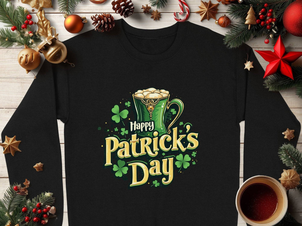 The Garment Graphics black shirt showcases Happy Patricks Day in green and gold letters with a beer mug and shamrocks. Ideal when styled with pine cones, fir branches, ornaments, and a coffee cup on wood, it creates the perfect St. Patricks Day look.
