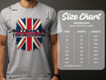 Someone wears a Garment Graphics white T-shirt featuring the British flag and the message Dont Blame Me, I Didnt Vote For Him. Next to it, there’s a size chart for the classic fit Gildan 5000 heavy cotton tee showing measurements in inches.