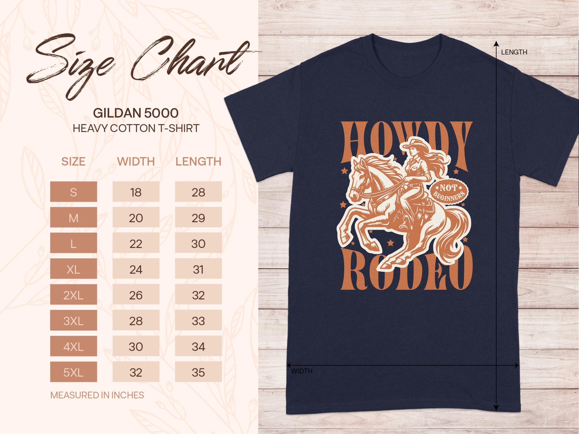 Size chart design for a navy blue Garment Graphics heavy cotton Rodeo T-shirt with a vintage Howdy Rodeo cowboy on horseback graphic. Ideal for enthusiasts, it offers size measurements from S to 5XL in inches.