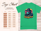 The Garment Graphics Gangster Gorilla T-Shirt features a gorilla in a hat, sunglasses, and chain with Gangster text. This green classic fit tee comes with a Gildan 5000 size chart for sizes S to 5XL.