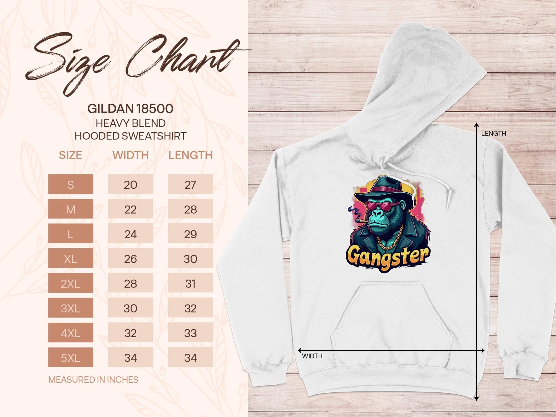 White hooded sweatshirt from Garment Graphics with a colorful gangster gorilla graphic in a smokey cool style. Made from medium-heavy fabric, it includes a Gildan 18500 size chart (S to 5XL) detailing width and length in inches.