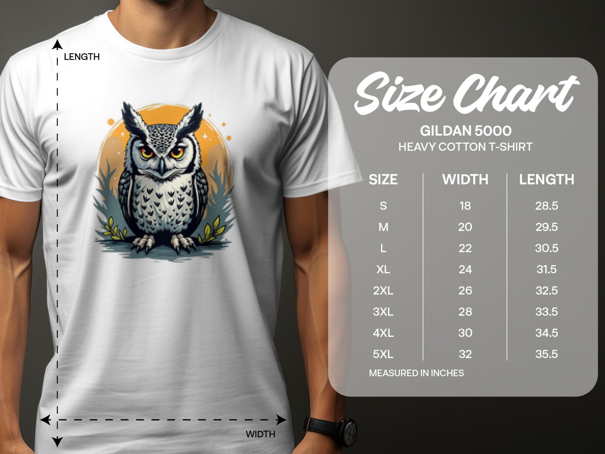 A person in a white Garment Graphics t-shirt with an artistic owl graphic is next to a size chart for Gildan 5000 heavy cotton T-Shirts, showing width and length from S to 5XL in inches.