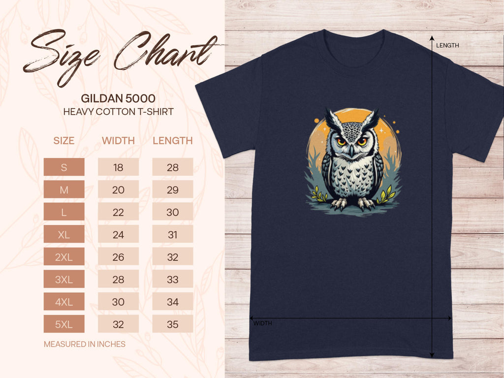 The Garment Graphics 5000 heavy cotton T-shirts size chart is displayed. Nearby, a dark tee features an artistic owl graphic amid leaves framed by an orange circle. Various size measurements are provided.