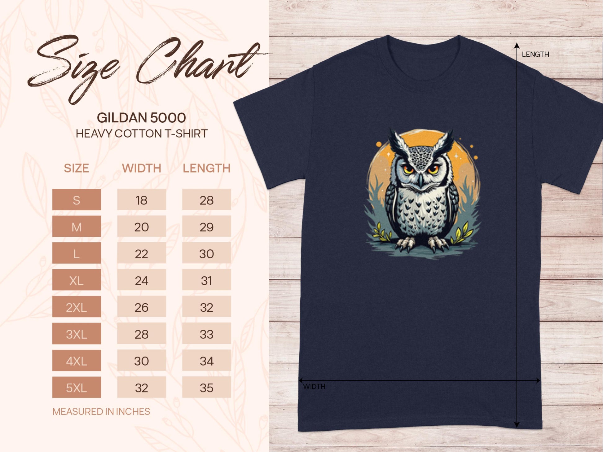 The Garment Graphics 5000 heavy cotton T-shirts size chart is displayed. Nearby, a dark tee features an artistic owl graphic amid leaves framed by an orange circle. Various size measurements are provided.