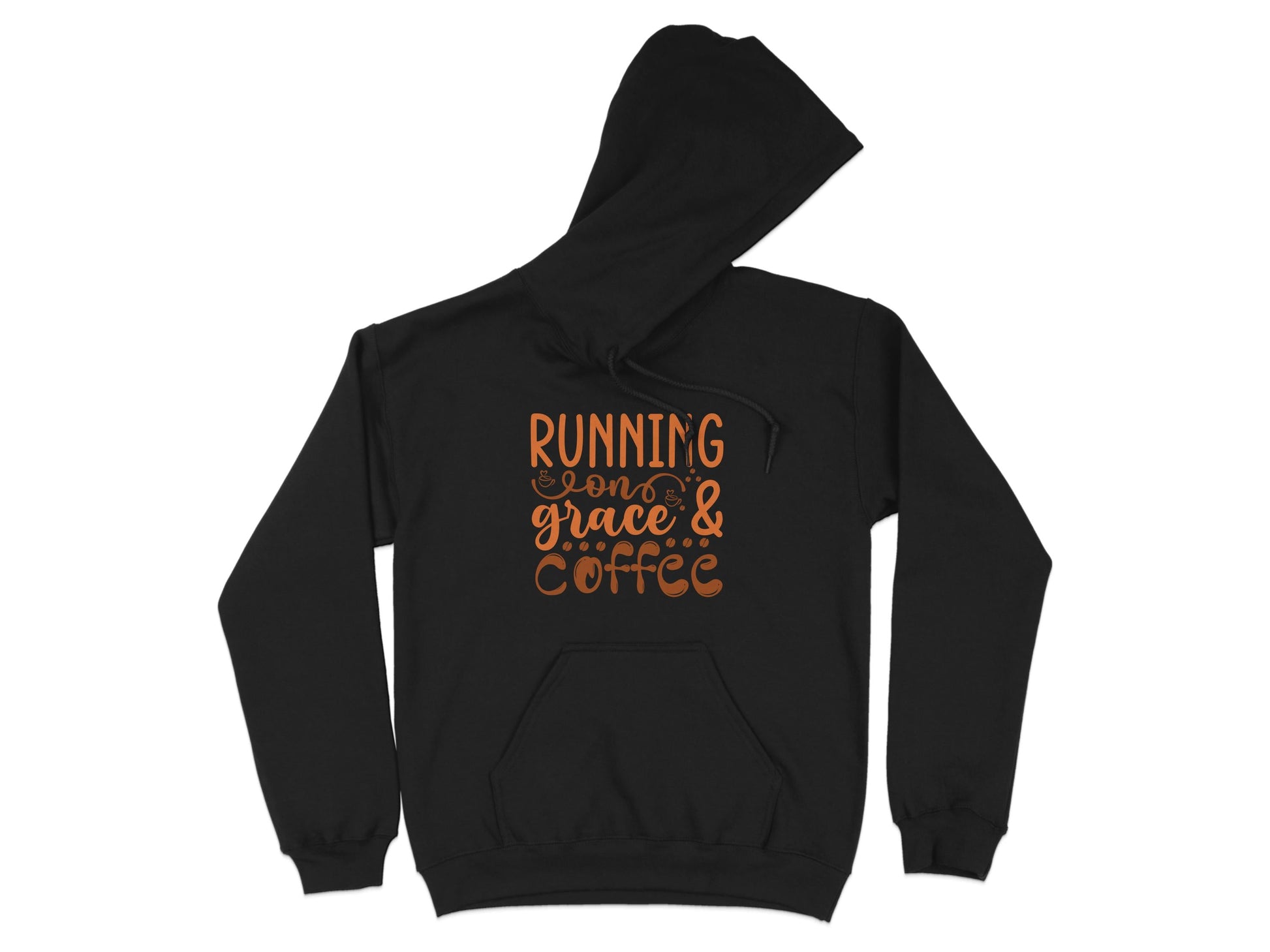 The classic-fit black hoodie from Garment Graphics, made of medium-heavy fabric, features a front pocket and vibrant orange text: Running on Grace & Coffee. Ideal for comfort and style, this piece is perfect for any casual outing in the Running on Grace and Coffee Hoodies collection.