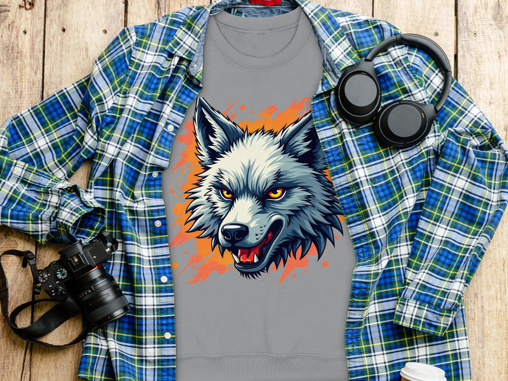 A gray sweatshirt from Garment Graphics, featuring a fierce wolf graphic with orange and blue accents, lies on wood. It exudes a wild side alongside a blue plaid shirt, headphones, a camera, and a white coffee cup.