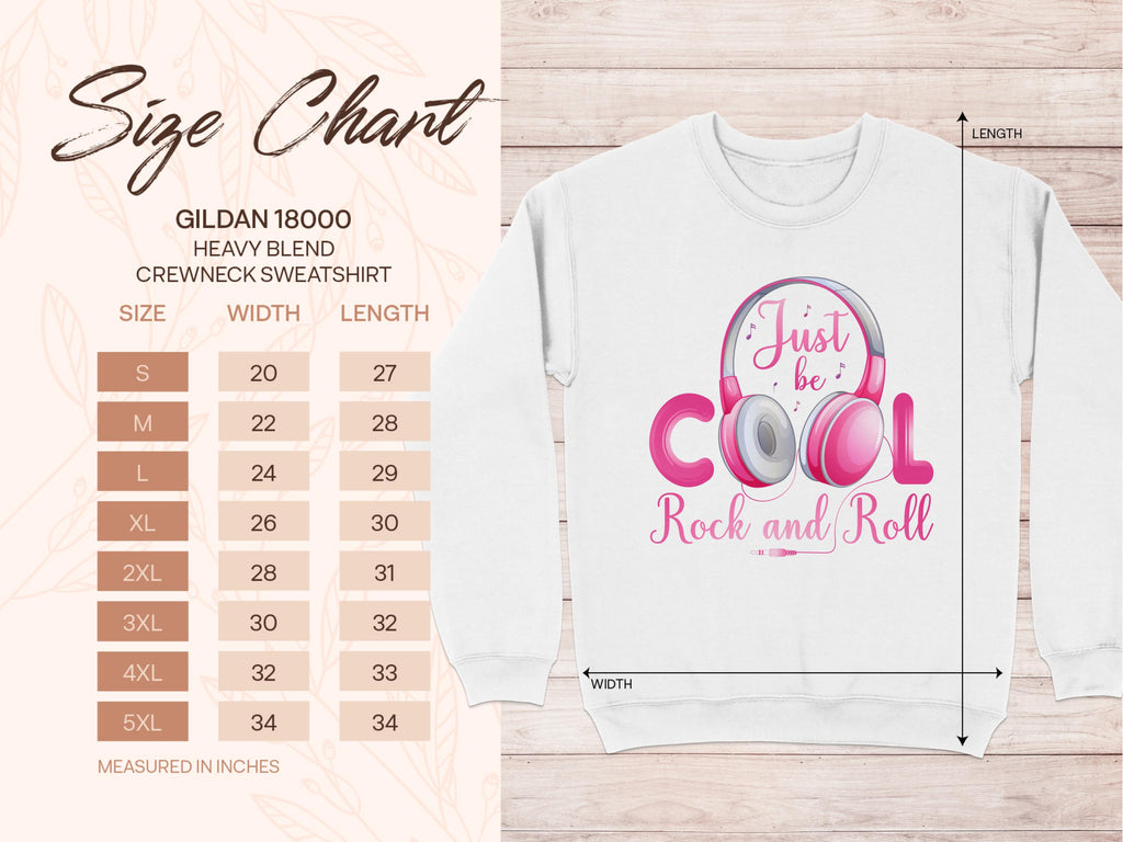 Explore the size chart for our Garment Graphics Gildan 18000 heavy blend crewneck sweatshirt, a stylish piece showcasing the Just be Cool Rock and Roll design with vivid Rock and Roll Pink Headphones. Ideal for music enthusiasts, available in sizes S to 5XL with width and length details.
