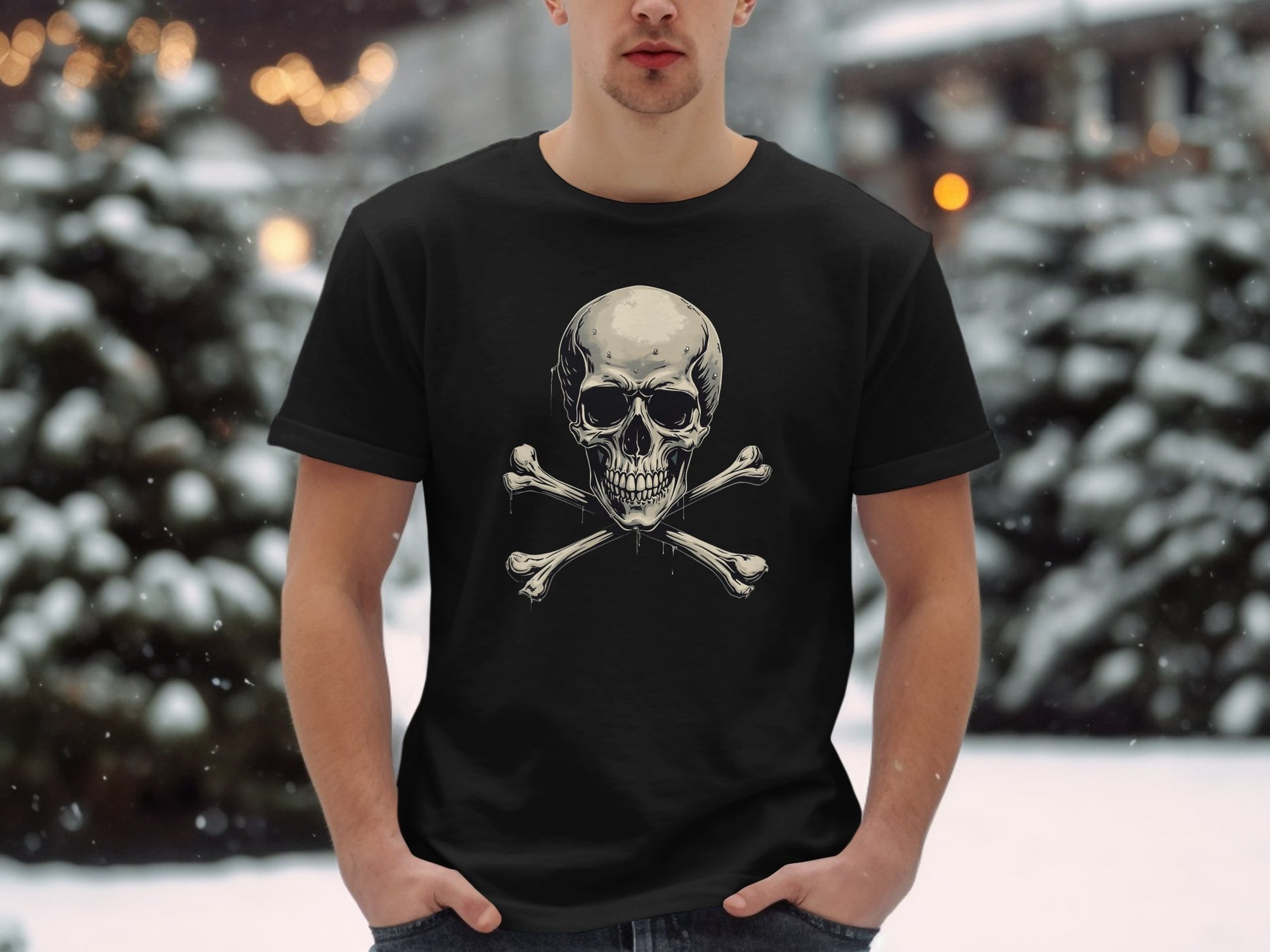 A man stands outdoors in the snow, making a bold fashion statement with a Garment Graphics black graphic T-shirt featuring a skull and crossbones design. Behind him, softly sparkling snow-covered trees add to the wintry charm.