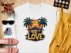 A flat lay features a white sweatshirt from Garment Graphics adorned with the One Love Sunset design, showcasing palm trees and a serene beach. Complementing it are sunglasses, a mustard yellow jacket, makeup brushes, an eyeshadow palette, pink shoes, nail polish, and a chic pouch.