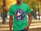 A unicorn enthusiast wears a green T-shirt from Garment Graphics, featuring a vibrant cartoon pony with a unicorn horn and the slogan I Love My Pony. In the background, a park is adorned with trees and scattered leaves.