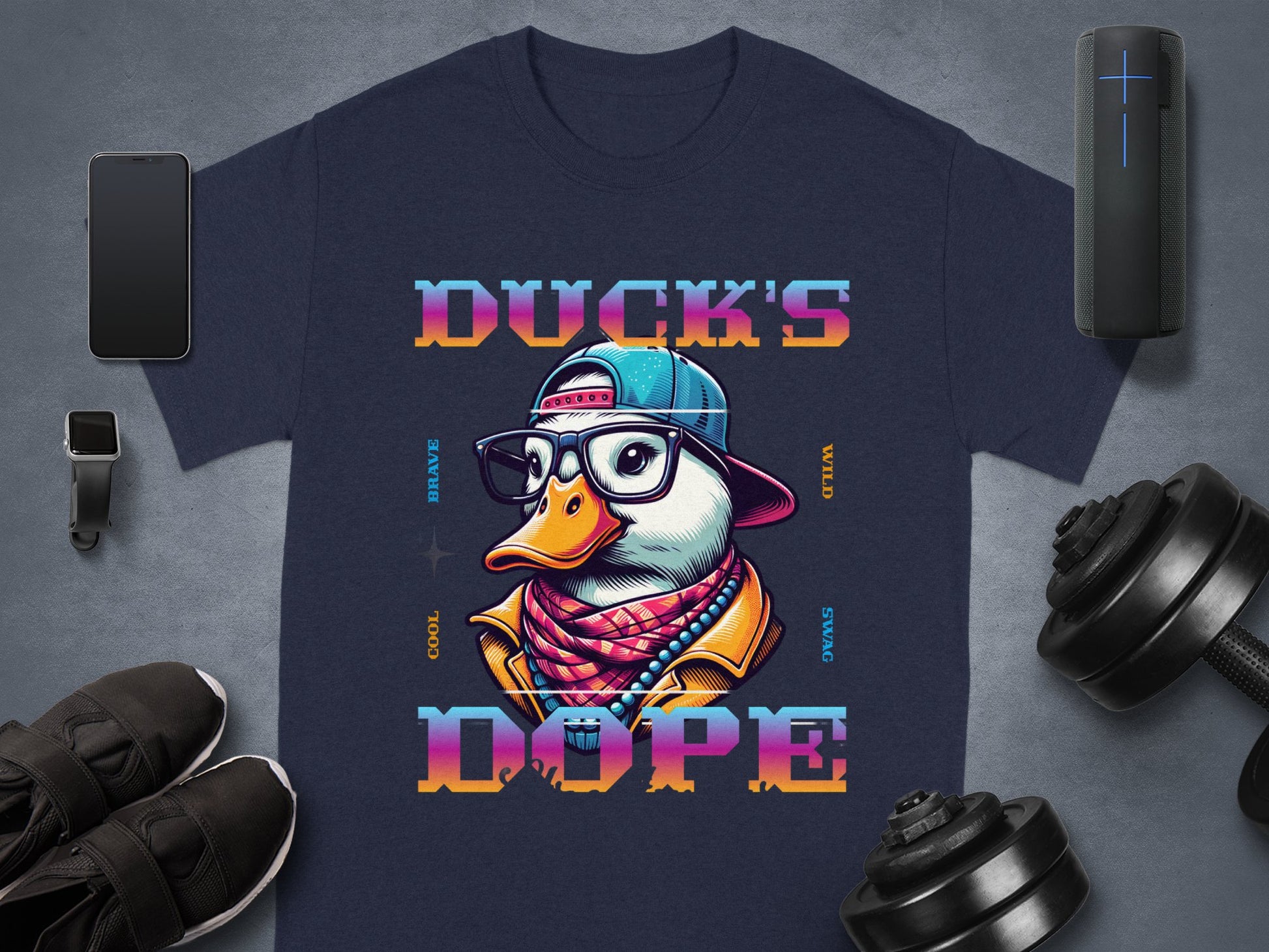 Enhance your style with Garment Graphics navy blue T-shirt featuring a cartoon duck adorned with a hat, glasses, and scarf. Bright DUCKS DOPE text adds flair, perfect for pairing with tech gadgets, sneakers, and dumbbells.