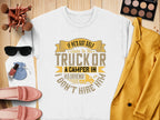 A flat lay image from Garment Graphics features a white sweatshirt with the funny graphic, If hes got golf clubs in his truck or a camper in his driveway, I dont hire him, styled with blush pink shoes, cosmetics, sunglasses, a mustard jacket, and brushes.