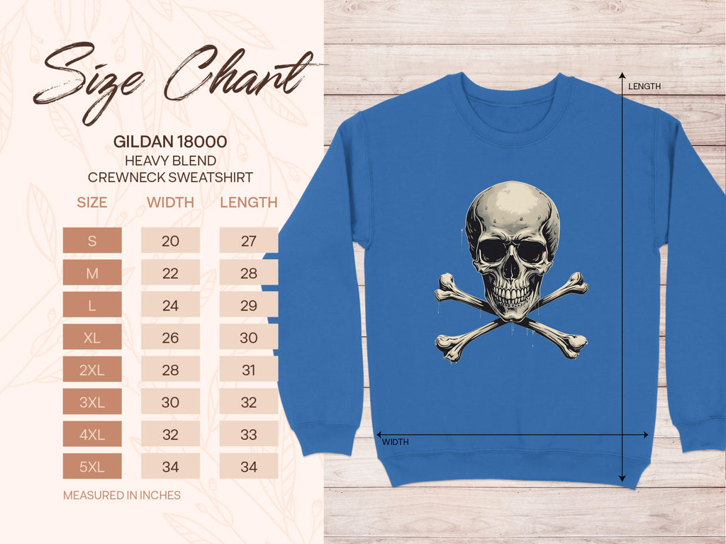 A blue crewneck sweatshirt from Garment Graphics showcases a bold skull and crossbones print. On the left, a size chart for the Gildan 18000 Heavy Blend displays dimensions in inches for sizes S to 5XL against a light patterned background.