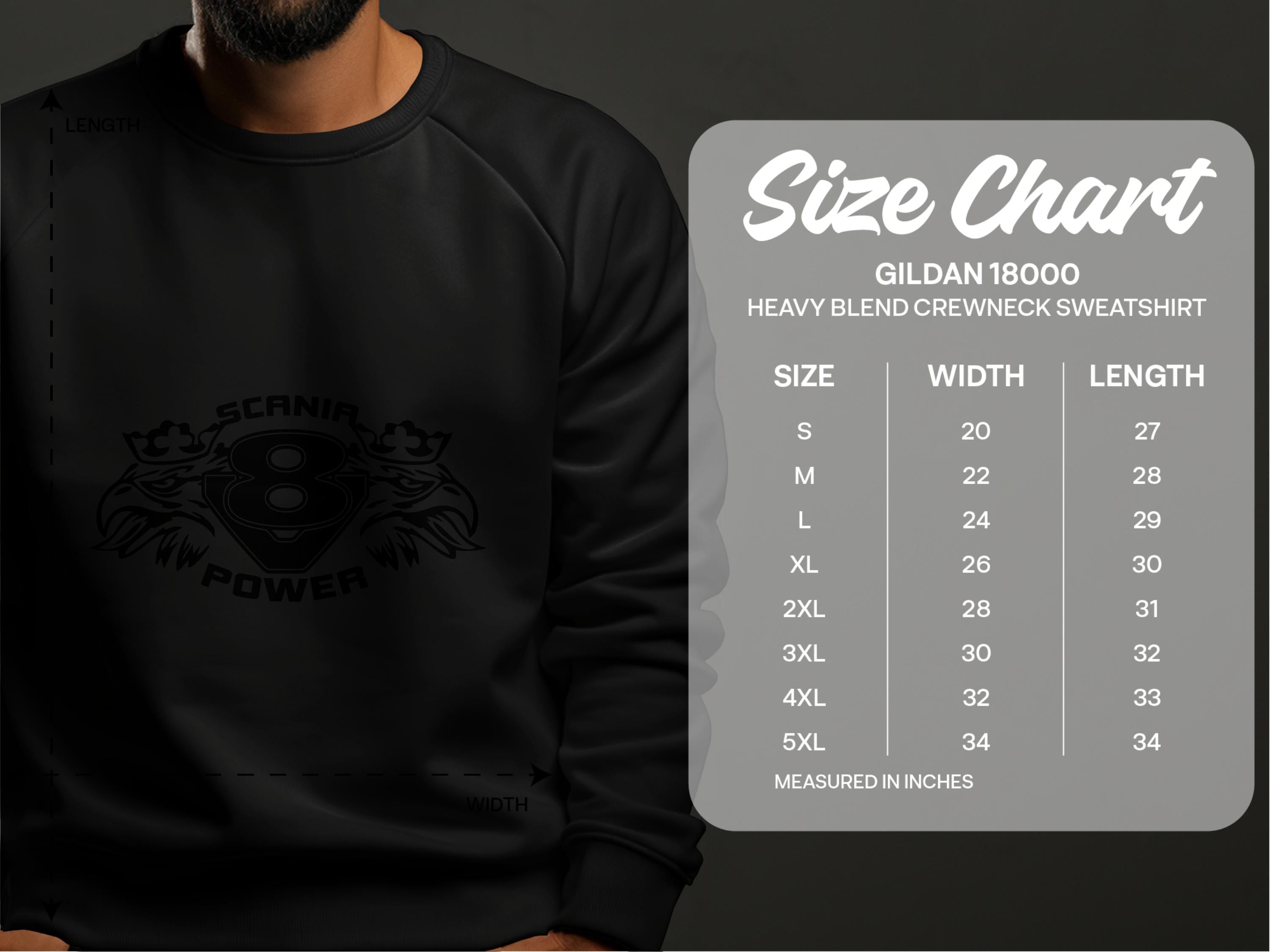 A person wears a sleek black Garment Graphics sweatshirt featuring the Scania Power 8 logo with two griffins and the number 8. Nearby, a size chart shows measurements for a Gildan 18000 Heavy Blend Crewneck, sizes S to 5XL in width and length.