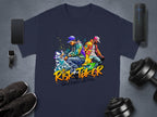 The Garment Graphics dark blue T-shirt features street dancers against vibrant graffiti. It celebrates street dance culture with Risk-Taker and Street Dance Wild Final phrases, surrounded by fitness items like weights and shoes, highlighting its artistic design tribute.