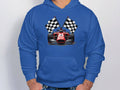 Dressed in a Garment Graphics hoodie featuring crossed checkered flags behind a red race car, the person stands confidently against a plain background.