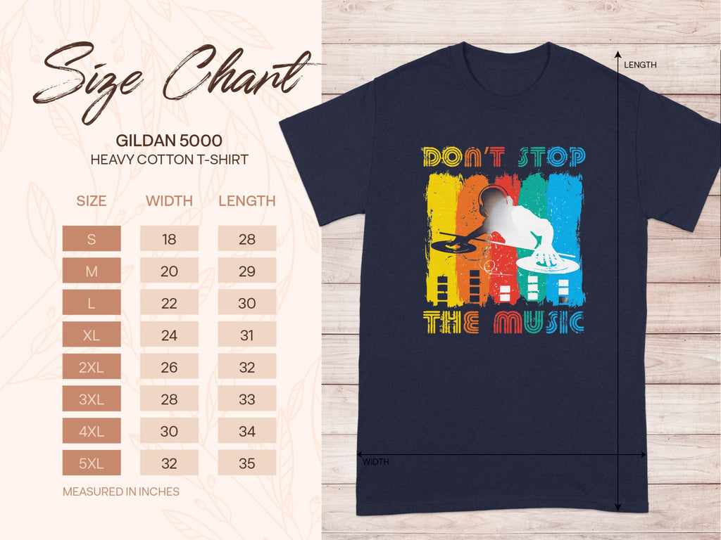 Size chart for a Garment Graphics heavy cotton DJ graphic tee with Dont Stop the Music text. Ideal for music lovers, available in blue from S to 5XL with inch measurements.