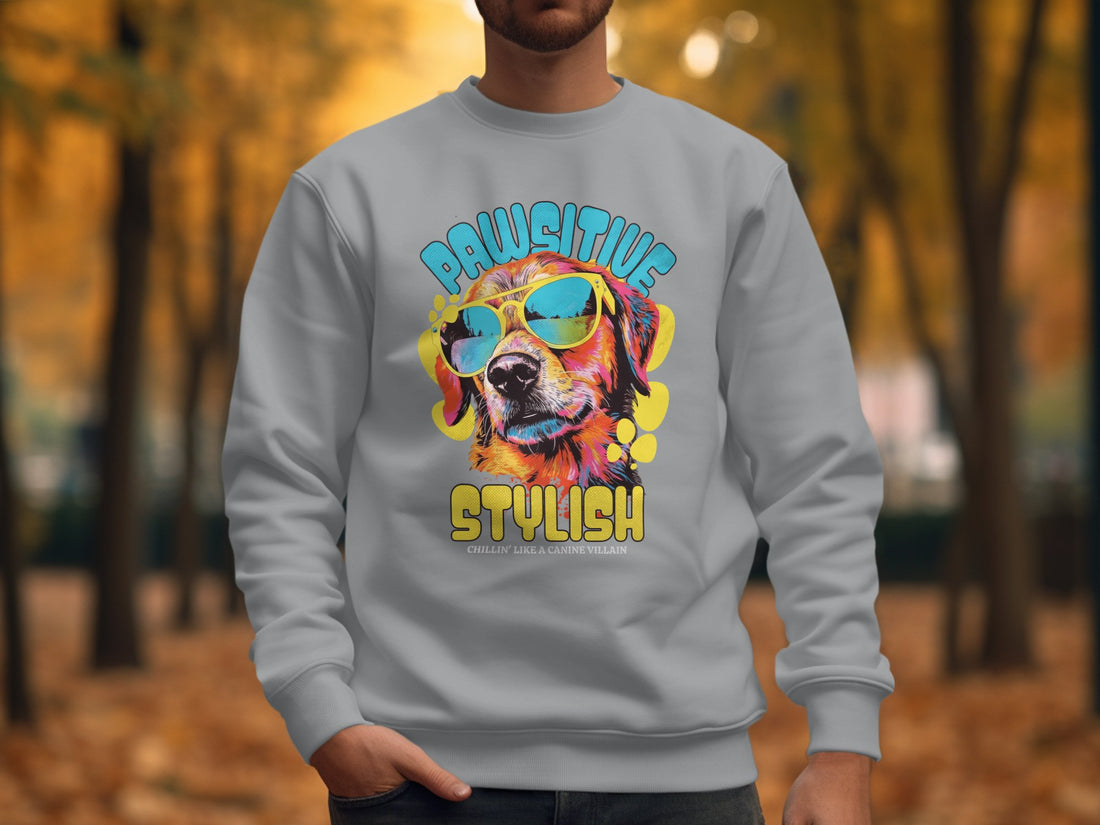 A Garment Graphics sweatshirt featuring a vibrant canine in sunglasses with Pawsitive Stylish is laid on a plaid shirt. Essentials for dog lovers, including headphones, a camera, and a water bottle, are neatly arranged on the wooden surface.