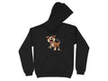 This black hoodie from Garment Graphics features a cartoon of a barking brown, white, and black dog. Perfect for dog lovers, this playful puppy design is centered on the front with visible drawstrings and a flat hood.