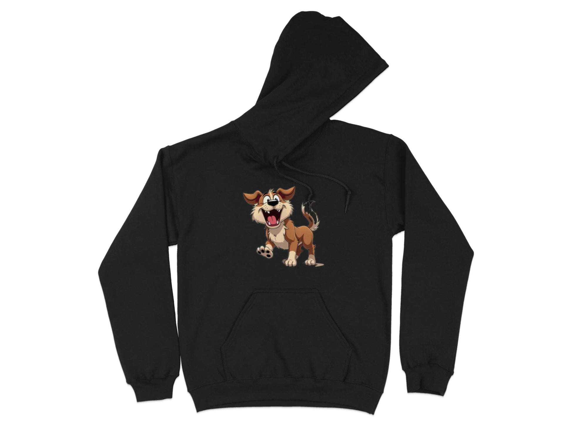 This black hoodie from Garment Graphics features a cartoon of a barking brown, white, and black dog. Perfect for dog lovers, this playful puppy design is centered on the front with visible drawstrings and a flat hood.