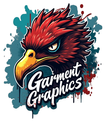 Illustration of a fierce red and black bird with a sharp yellow beak and intense eyes. Blue and red paint splatters form the background. The text Garment Graphics is written in bold white letters below the bird.