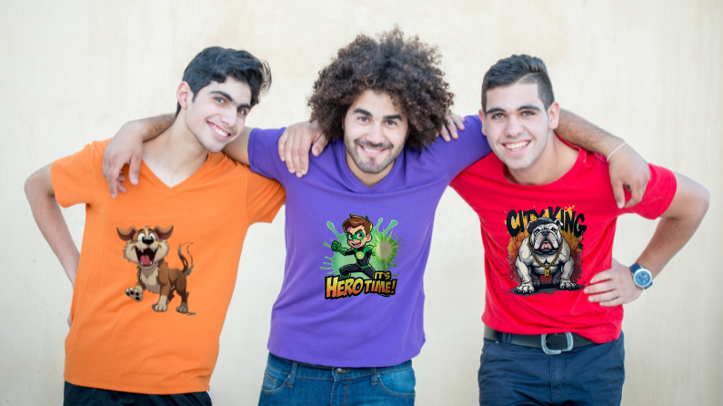 Three friends smiling, standing with arms around each other, wearing graphic t-shirts: one orange with a cartoon dog, one purple with Its Hero Time!, and one red with City King and a bulldog. They are against a beige background.
