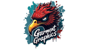 Illustrated logo featuring a fierce red bird with a yellow beak and sharp gaze, set against a colorful splattered background. The words Garment Graphics are written in bold, white script across the design.