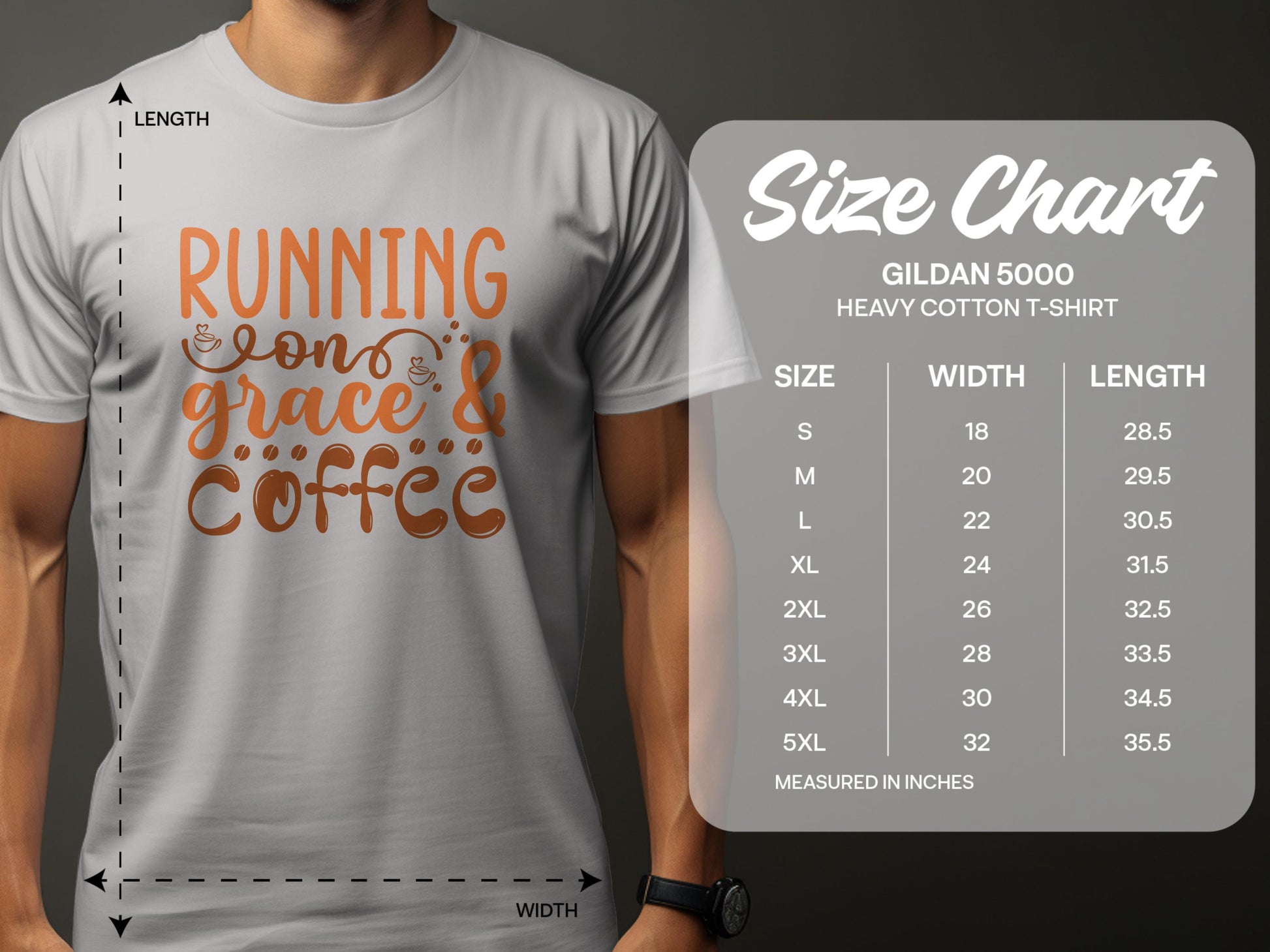 Someone is wearing a Garment Graphics white graphic T-shirt that features the inspirational phrase Running on Grace & Coffee in vibrant orange and brown. The image includes a Gildan 5000 heavy cotton size chart, showing sizes S to 5XL with width and length in inches.