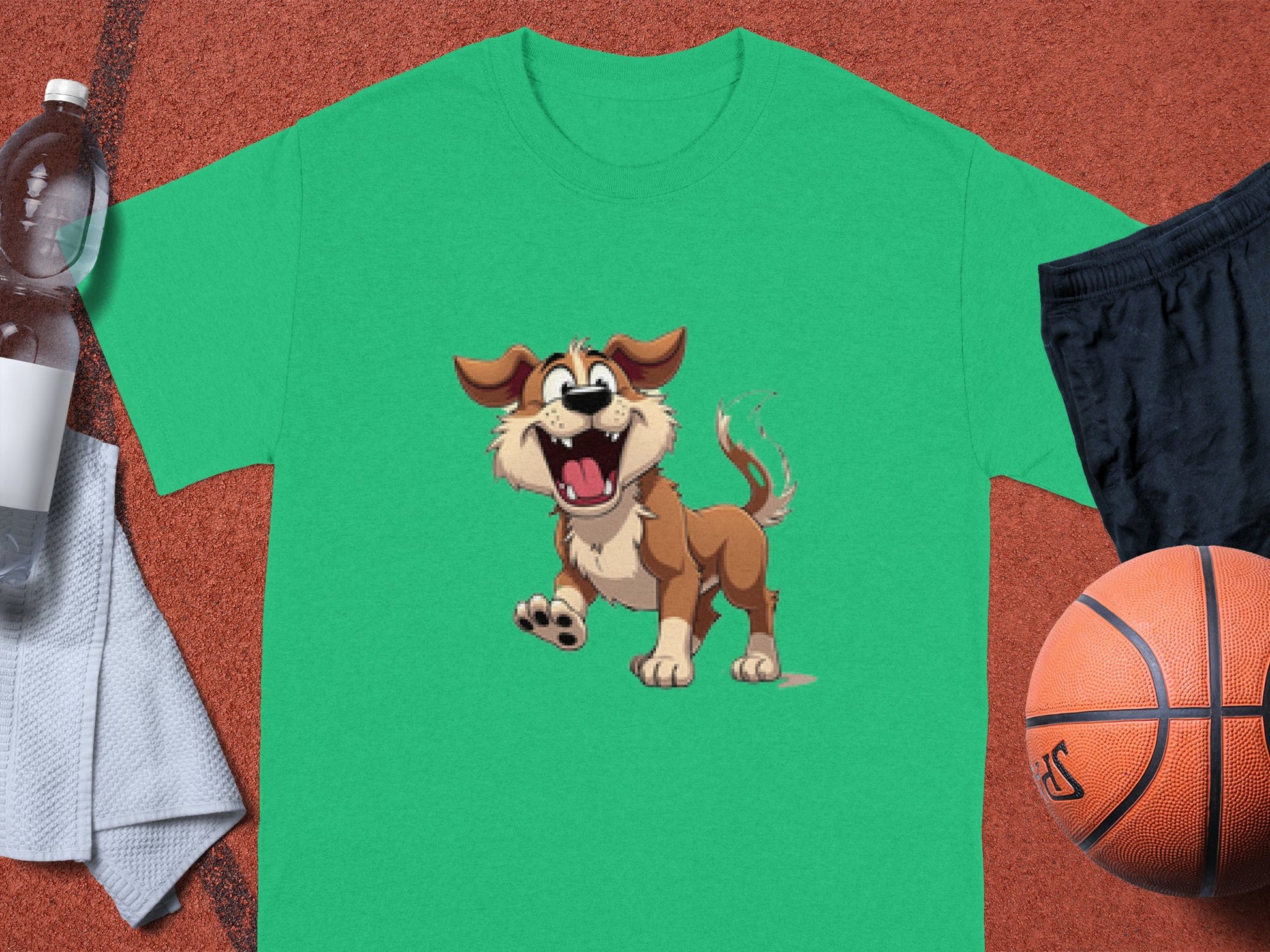 The Garment Graphics green T-shirt is ideal for dog lovers, showcasing a cartoon dog on a sports court. Nearby are a basketball, black shorts, a white towel, and a water bottle.