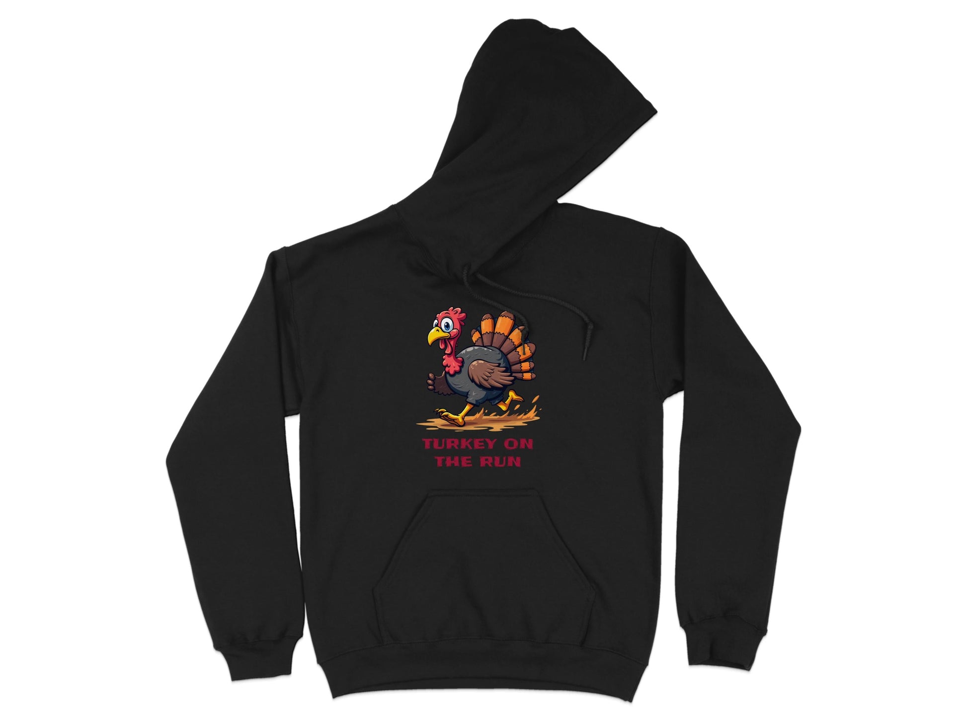 Garment Graphics black hoodie showcases a determined cartoon turkey in a red hat. Bold red text beneath reads TURKEY ON THE RUN. This funny, front-graphic printed hoodie is perfect for quirky style lovers.