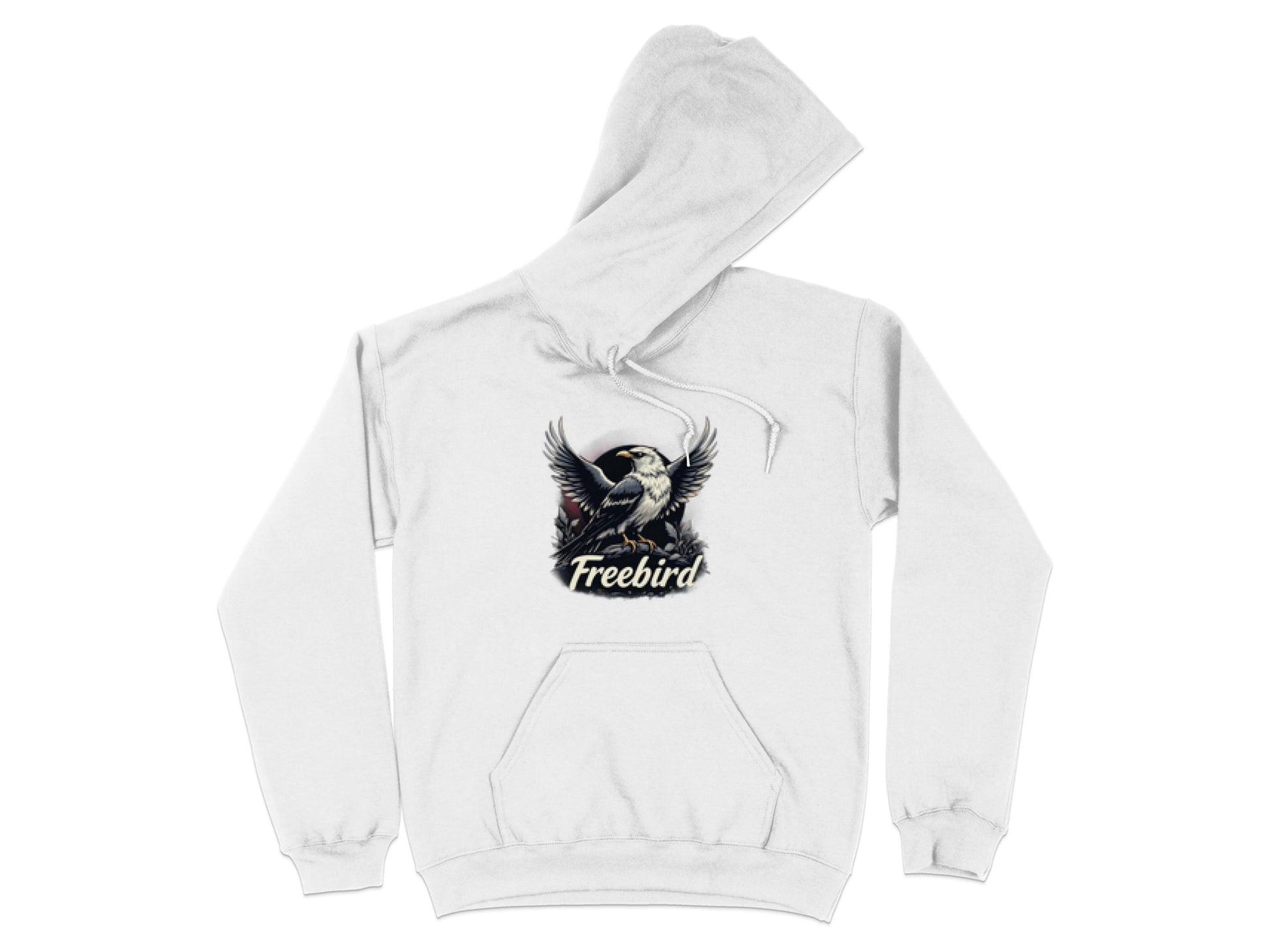 Discover Garment Graphics Freebird Graphic Pullover Hoodie, a white sweatshirt adorned with a striking bird design featuring outstretched wings and Freebird beneath. Complete with a front pocket and drawstrings, it combines comfort and unique style seamlessly.