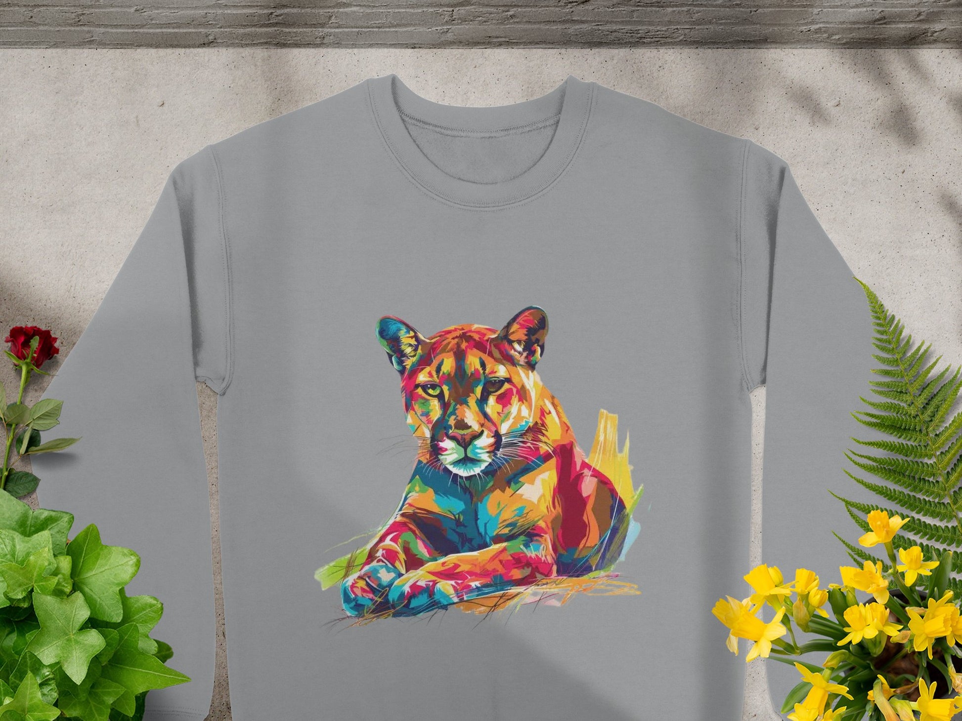 A Garment Graphics gray unisex sweatshirt with a vibrant artistic lion face design is laid flat on a light surface, surrounded by green plants and yellow flowers, highlighting its unique style.