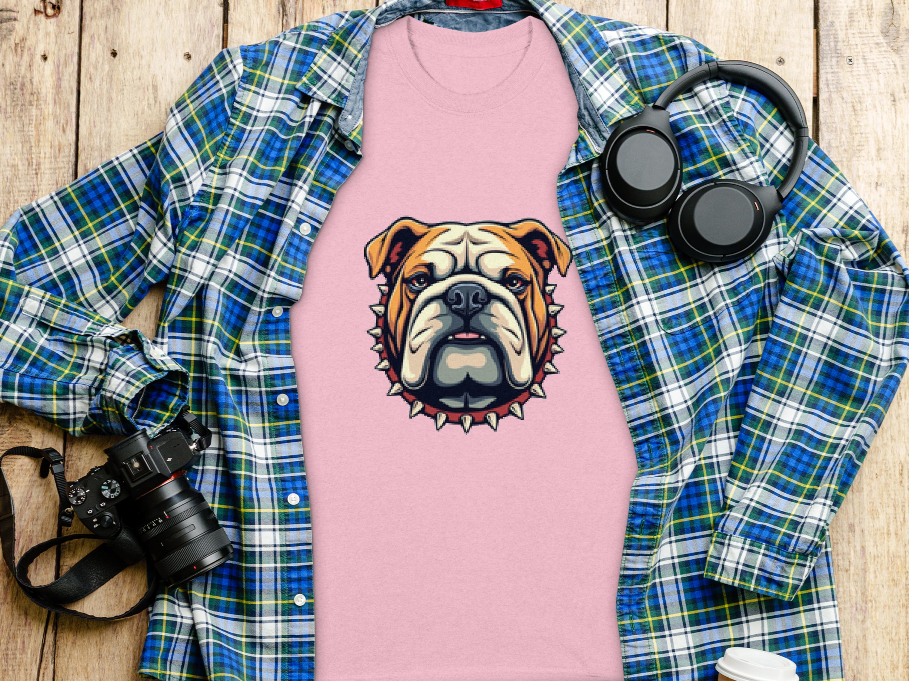 A pink Garment Graphics T-shirt featuring a bulldog design rests on a wooden surface. Its surrounded by stylish shirts, including a blue and green plaid one. Nearby essentials include a camera, headphones, a lidded white cup, and a smartphone.