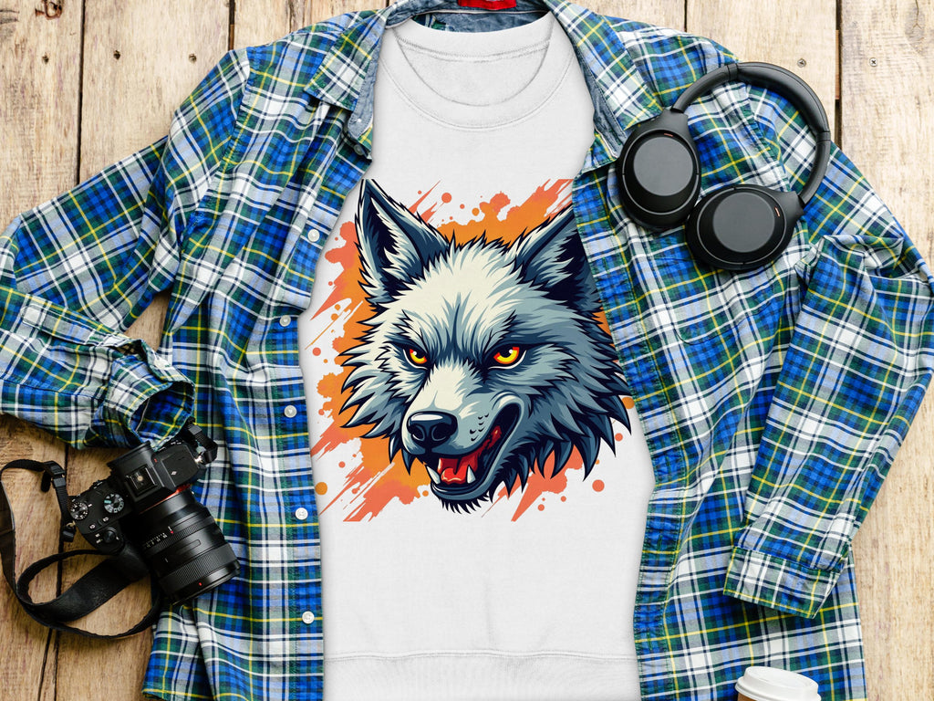 A white Garment Graphics T-shirt with a fierce wolf design is laid on a wooden surface, paired with a blue and green plaid shirt for unique flair. Nearby are black headphones, a camera, and a white coffee cup with a lid.