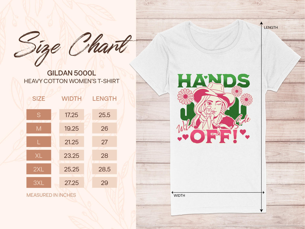 Garment Graphics White T-shirt features a bold Hands off graphic of a woman in a hat among flowers, with size chart for Gildan 5000L from S to 3XL on a unique floral background. Measurements are in inches.